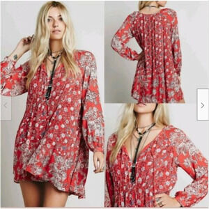 Free People Lucky Loosey Tunic Top Mini Dress M Blood Orange Combo